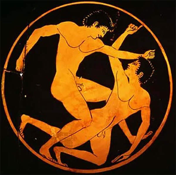 Các đô vật trong cuộc thi Olympic cổ đại trong lá bài Five Of Staves Tyldwick Tarot - Năm Gậy trong Tyldwick Tarot