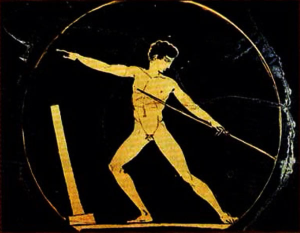 Cuộc thi ném lao Olympic cổ đại trong lá bài Five Of Staves Tyldwick Tarot - Năm Gậy trong Tyldwick Tarot