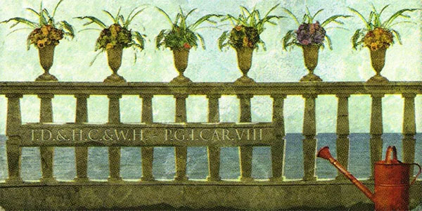Hành lang trồng cây bằng bê tông trong lá bài Six Of Cups Tyldwick Tarot - Sáu Cốc trong Tyldwick Tarot