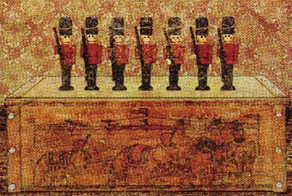 Hình ảnh bảy chú lính đứng trên hộp đồ chơi trong lá bài Seven Of Staves Tyldwick Tarot - Bảy Gậy trong Tyldwick Tarot