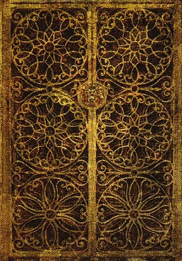 Hình ảnh cánh cổng với sáu hoa văn hình vòng tròn trong lá bài Six Of Coins Tyldwick Tarot - Sáu Xu trong Tyldwick Tarot 