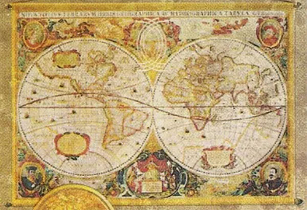 Hình ảnh chiếc bản đồ thế giới treo tường trong lá bài  Six Of Swords Tyldwick Tarot - Sáu Kiếm trong Tyldwick Tarot