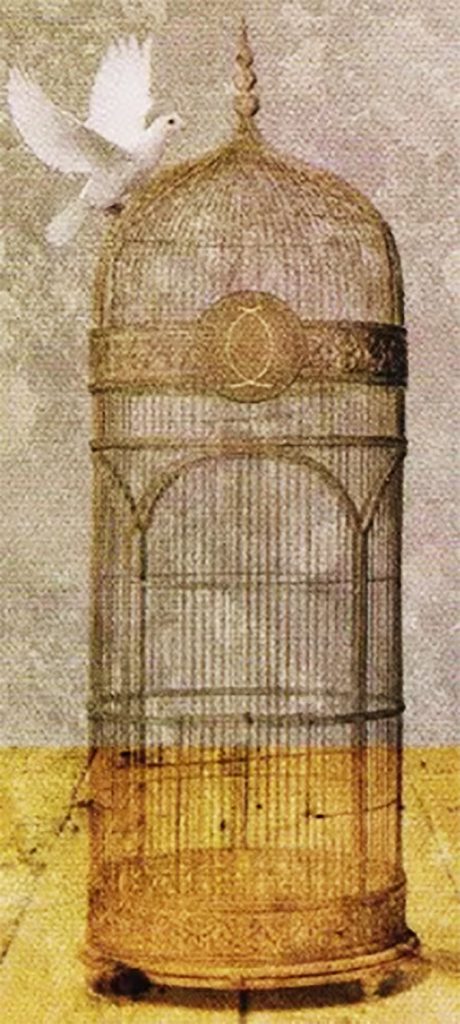 Hình ảnh chú chim bồ câu đang lưỡng lự giữa việc rời khỏi và quay trở lại chiếc lồng trong lá bài Two Of Swords Tyldwick Tarot - Hai Kiếm trong Tyldwick Tarot 