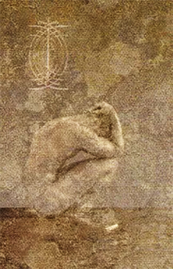 Hình ảnh con người đang đau khổ trong lá bài Nine Of Swords Tyldwick Tarot - Chín Kiếm trong Tyldwick Tarot