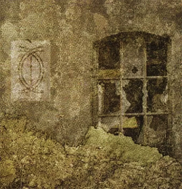 Hình ảnh cửa sổ ngôi nhà hoang cùng bãi cỏ um tùm trong lá bài Five Of Swords Tyldwick Tarot - Năm Kiếm trong Tyldwick Tarot 