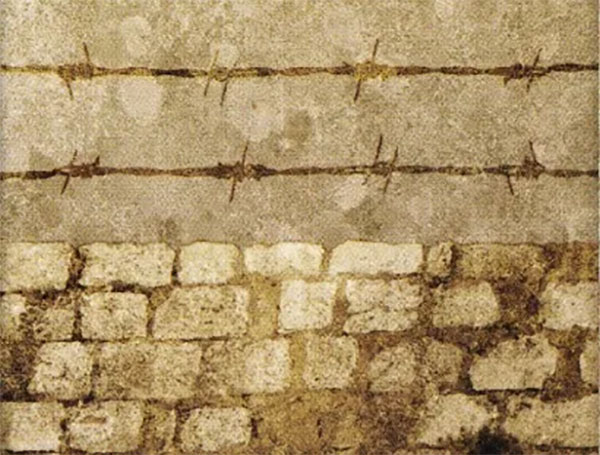 Hình ảnh hàng rào kẽm gai cùng bức tường chắn trong lá bài Eight Of Swords Tyldwick Tarot - Tám Kiếm trong Tyldwick Tarot 