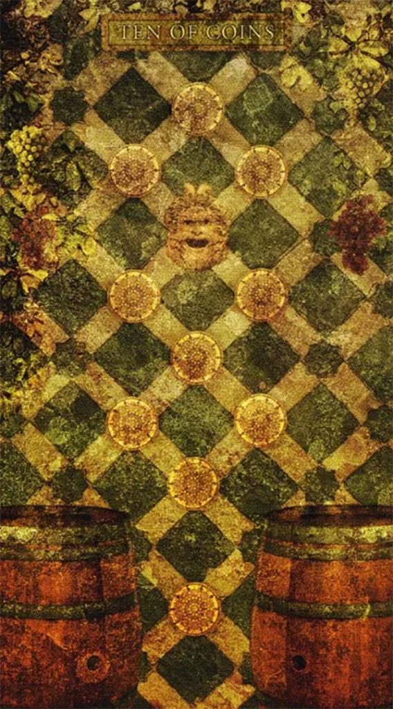 Hình ảnh mười đồng xu trong lá bài Ten Of Coins Tyldwick Tarot - Mười Xu trong Tyldwick Tarot