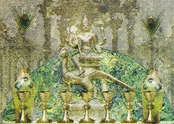 Hình tượng thần Mahamayuri cùng bảy chiếc ly trong lá bài Seven Of Cups Tyldwick Tarot - Bảy Cốc trong Tyldwick Tarot 