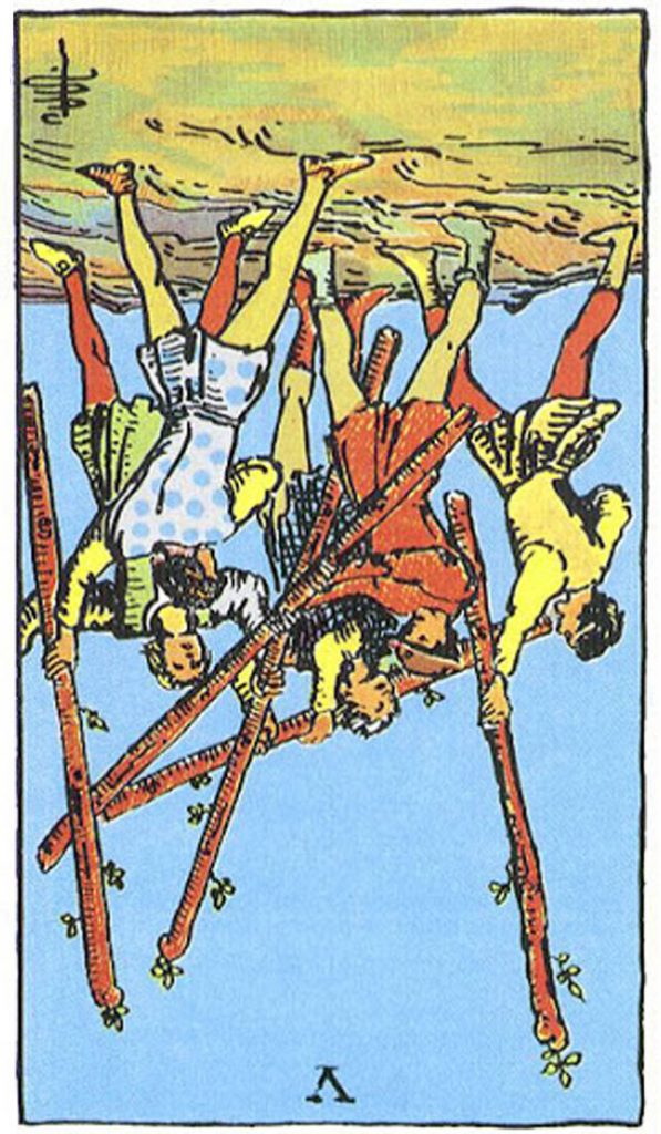 Ý nghĩa Five of Wands Rider Waite Smith Tarot - Năm Gậy trong Rider Waite Smith Tarot theo chiều ngược