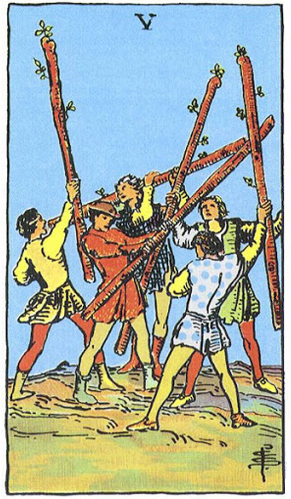 Ý nghĩa Five of Wands Rider Waite Smith Tarot - Năm Gậy trong Rider Waite Smith Tarot theo chiều xuôi